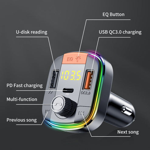 832 Car Mp3 Player Colorful Atmosphere Breathing Light Hands-Free Car Bluetooth